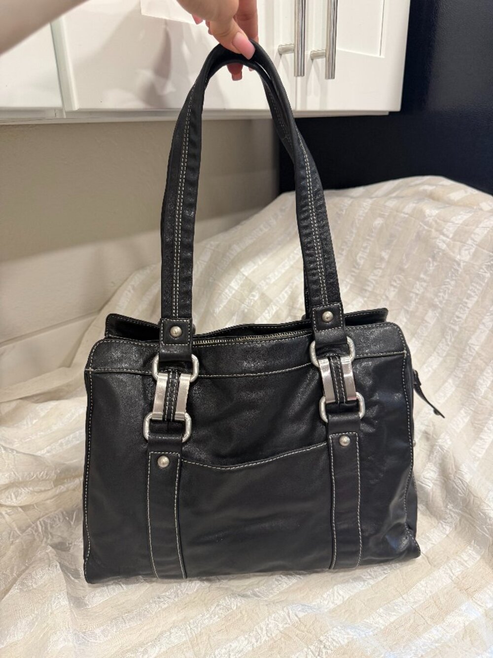 Perlina New York Black Genuine Leather Y2K Shoulder Bag Tote Hardware